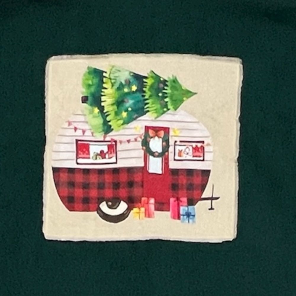 Green Corduroy Button Down with Festive Camper Christmas Tree Design Large - Picture 6 of 9